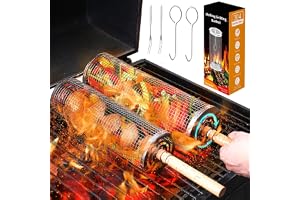 XUNIVERS rullande korg, värmande redbled varm med trähandtag (2 stycken), springande korg, grilltillbehör för utomhusgrill, grönsaker, kött, fisk