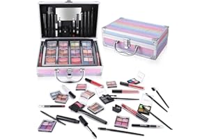 YBUETE Makeup Kit with Train Case for Teen Girl Women, Full Starter Cosmetic Set, Beginner Makeup Present, Reusable Full Cosmetic Train Case for Girl, Included Eyeshadow Blush Contour Eyebrow (Pink)