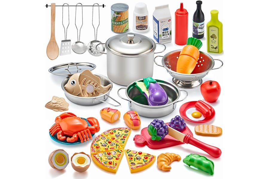 Pretend Play Accessories - 52pc Kids Kitchen Playset with Play Food, Stainless Steel Cookware, Toys Pots and Pans, Toddler Kitchen Set with Cuttable Toy Food - Boys and Girls Gift