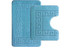 Ambience Products Bath and Toilet Mat Set New Greek Rug Non-slip Style 2 Piece Bath Mats for Bathroom Carpet (Aqua)