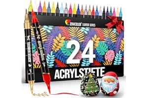‎ZENACOLOR Zenacolor 24 Acrylstifte für Steine wasserfest mit Doppelspitze (feine Spitze und Pinsel) - Acrylstifte verschiedene Oberflächen - Multimarker Acryl