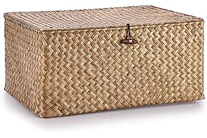 IGNPION Seegras Aufbewahrungskorb mit Deckel Gewebter Weidenkorb Desktop Korb Rechteckig Badezimmer Aufbewahrung Organizer Box, Wohnzimmer Dekorativ Unter Regal Korb Mehrzweck Aufbewahrungskorb (XL,