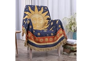 ‎HOORDRY HOORDRY Sonne und Mond Tagesdecke mit Fransen,Doppelseitig Baumwoll Gewebt Indianer Decke 130X 180CM - Eignet Sich als Couchdecke bettüberwurf Sesseldecke und auch als sofaüberwurf,Gelb/Blau