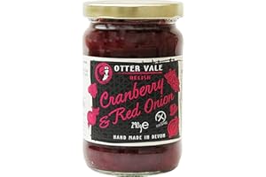 Otter Vale Cranberry & Red Onion Relish, mix of cranberry, red onion, spices and a splash of Grenadine, hand-made in Devon, gluten-free, 280g glass jar