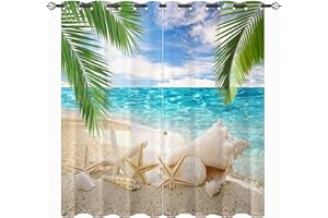 LKCD Blackout Curtain for Children's Room, Beach Tropical Ocean Palm Tree, 140 x 160 cm, Thermal Curtain, Opaque Curtain with Loops, Set of 2 Curtains, Opaque