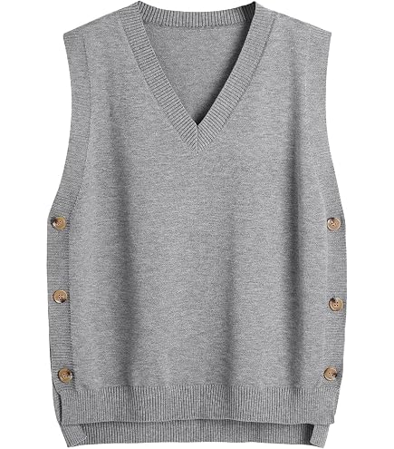 Pull Sans Manches Femme Col V Tricoté Boutons Latéraux – Gilet Décontracté Lettre Amour Vintage Uni