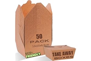 HURUC Kraft Takeaway Food Boxes 337gsm – 800ml (Pack of 50) | Leak-Resistant, Microwave Safe Disposable Containers for Stir-Fries, Noodles, Rice & Salads | Eco-Friendly Brown Kraft Boxes