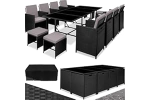 TecTake® Set Palma in Rattan per Giardino, 8 Sedie, 4 Sgabelli, 1 Tavolo con Piano in Vetro Temperato, Struttura in Acciaio, Involucro di Protezione, Arredo Giardino - Nero/Grigio