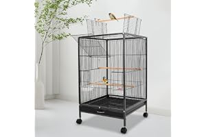 Fågelbur med hjul 46 × 46 × 94 cm Rymlig fågelvolär med fällbart tak, sittstänger och matlåda, för undulater och små papegojo