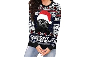 Jezonga Świąteczny sweter damski brzydki sweter świąteczny kot zabawny zimowy ciepły okrągły dekolt z długim rękawem świąteczne dla kobiet