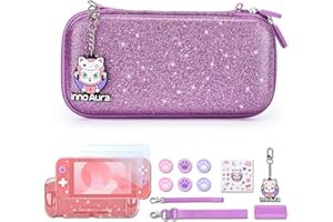 IA INNOAURA innoAura Switch Lite Case,15 in 1 Accessories Bundle with Screen Protector, Game Case, Cute Pendant & Thumb Caps (Glitter Purple)