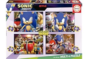 Educa - Multi 4 Sonic Prime Neon | Ensemble de 4 Puzzles pour Enfants progressifs de 50 à 150 pièces Qui Brillent dans l'obscurité. Mesure : 34 x 24 cm. +5 Ans (19631)