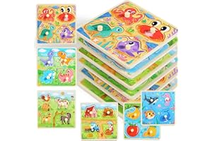 MELOFAVER Wooden Toddler Puzzles, Montessori Toys Peg Puzzles for Toddlers 3-5, Toddler Learning Educational Toys kids puzzles -Dinosaur, Farm, Farm Animals, Sea Animals, Fruit, Baby Puzzle Gift for Boys Girls