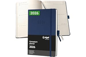 ‎SIGEL SIGEL C2662 Wochenplaner Wochenkalender 2026, ca. A5, dunkelblau, Hardcover, 192 Seiten, Gummiband, Stiftschlaufe, Archivtasche, aus nachhaltigem Papier, Kalenderbuch Conceptum