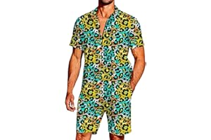 RUMAOZIA Men's 2-Piece Leopard Print Hipster Short Sleeve Button Down Shirt and Shorts Set Breathable Quick Dry Jogging Suit Slim Fit Hawaiian Shirt Sets