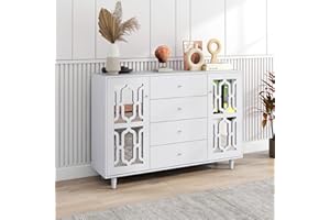 Azkoeesy Aparador con 4 cajones y 2 puertas de espejo, 147 x 40 x 102 cm, para salón y comedor, color blanco (WF297576577WAA)