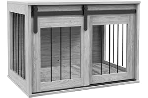 PawHut Dog Crate Furniture, Large Dog Cage with Barn Door for Medium Breeds, End Side Table Pet Kennel with Removable Cushion for Indoor Use, 80 x 54 x 57cm, Grey