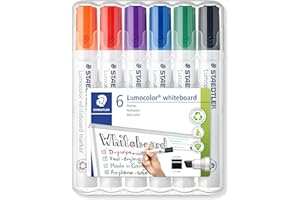 STAEDTLER Lumocolor 351 B WP6, Rotuladores para Pizarra Blanca, Estuche con 6 Marcadores de Colores Variados, Blíster con Seis Marcadores.