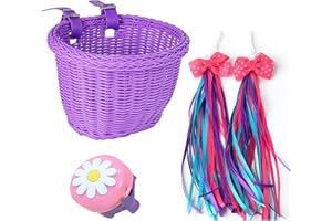 SVNR Kids Bike Basket, Scooter Basket, Handwoven Bike Baskets for Girls and Boys, Cycling Handle Streamers and Bell, Bicycle Baskets with Leather Straps,Easy Install Detachable