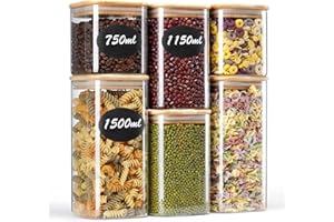 Do-Electr Set di 6 Barattoli di Cucina in Vetro con Coperchio in Bambù, 750ml/ 1150ml/ 1500ml Barattoli in Vetro-Lavabile in Lavastoviglie per Biscotti, Pasta, Cereali, Fagioli, Caffè, Tè, Spezie