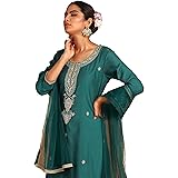 INDO ERA Women's Teal Embroidered Straight Kurta Trouser With Dupatta Set (IEOUT5255)
