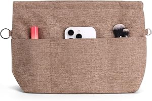Kaempe Bag Organiser Insert, Tote Bag Organiser with Zipper and 13 Pockets, Bag Divider Liner for Women Handbag (Brown, XS)