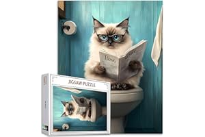 TUCOCOO Tucoco Store Puzzle de chat siamois avec journal assis sur un siège de toilettes 1 000 pièces, pour adultes, puzzle de bricolage coloré pour la décoration de la maison, jeu difficile pour les