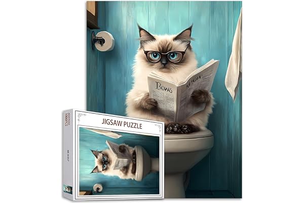 Tucoco Store Puzzle de chat siamois avec journal assis sur un siège de toilettes 1 000 pièces, pour adultes, puzzle de bricolage coloré pour la décoration de la maison, jeu difficile pour les