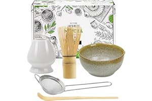 KEEPATY Japanese Matcha Tea Set of 5,Matcha Whisk Set with 100 Prong Whisk, Whisk Holder,Traditional Scoop, Tea Sifter and Ceramic Matcha Bowl,Tea Ceremony Accessory for Making Matcha