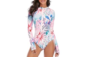 Zando Rash Guard Swimsuits for Women, UPF 50+ Long Sleeve Swimsuit Women, One Piece Zip Floral Print Modest Swimwear