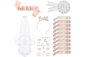 Domkan Despedida De Soltera Accesorios, 15 Unidades para Novia y Equipo de Novia con 10 Fajas del Equipo Bride, 1 Velo Novia Despedida Soltera, Velo, Insignias, Tiara, Tatuajes, Despedida de Soltero…