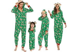 Heflashor Familien Weihnachten Schlafanzug lang Weihnachtspyjama Familie Outfit Einteiler Jumpsuit mit Elch Hut Mode Hausanzug Freizeitanzug