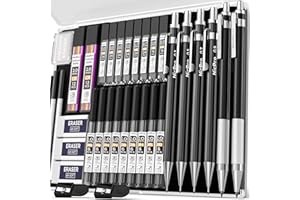Nicpro 34 portaminas de arte negros, lápiz de dibujo de metal de 0,3, 0,5, 0,7, 0,9 mm y 2 portaminas de 2 mm (6B, 4B, 2B, HB, 2H, 4H) para dibujar bocetos, 19 tubos de repuesto para minas