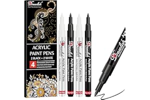 Drawlish Acrylic Paint Pens, Black & White Pen Set of 4 Glass Paint Markers 0.7mm Extra Fine Tip | Ideal for Wood, Fabric, Porcelain, Ceramic, Stone, Rock Painting and more