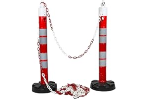 UvV-Flex Kettenpfosten"Tower" 1,2m hoch 110mm breit mit reflektierender Folie + Absperrkette 8mm - 10m - in den Farben rot/weiß als praktisches Absperrset (2er-Set)