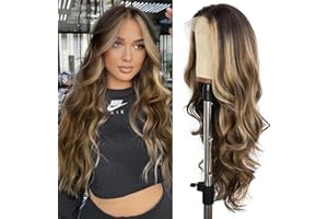 SOMIARIK Dark Brown highlight Blonde Lace Front Wig 13x4 Synthetic Lace Front Glueless Heat Resistant Fiber Hair Transparent Lace Long Wavy Wig for Women Pre plucked with Baby Hair 26 Inch