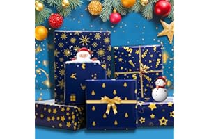 YUMCUTE Carta regalo natalizia riciclata, 8 rotoli di carta regalo per bambini, uomini e donne, 8 fogli di carta regalo natalizia blu e oro con nastri regalo, carta regalo nobile 70x50 cm