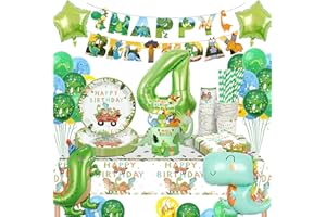 YIMAKJ Dino Geburtstag Deko 4 Jahre, Dinosaurier Kindergeburtstag Deko, Geburtstagsdeko 4 Jahr Junge, Dinosaurier Pappteller Dino Servietten Tassen Luftballons für Dino Deko Kindergeburtstag 16 Gäste