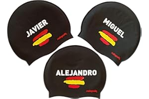 SWIMXWIN Gorro de Silicona Personalizado con tu Nombre | Nombres Españoles Masculinos | Adultos y niños | Gorro de Natación| Alta Comodidad y adherencia | Diseño y Estilo Italiano | Color Negro |