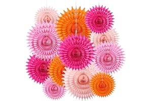 BestoFun 12PCS Paper Fans Orange and Hot Pink Party Decorations Tissue Paper Flowers Decorations for Girl Groovy Birthday Baby Shower Wedding Bachelorette Room Wall Hanging Décor