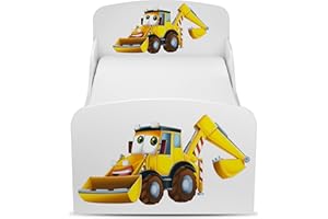 Leomark Moderne Lit d'Enfant Toddler Avec Matelas Couleur Blanc Motif: Pelle Jaune Véhicules De Construction Chambre Pour Les Enfants Meubles Pour Enfants Confortable Fonctionnel Lit Simple Zone de couchage 70/140 cm