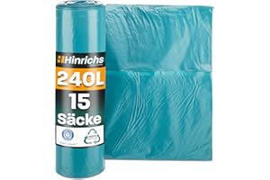 ‎HINRICHS Hinrichs Müllsäcke 240L extra Stark - 15er Rolle - 100x125 cm - Extrem reißfeste Müllbeutel - Mülltüten aus Recycling LDPE - Blaue Säcke - Abfallsäcke für Garten, Haushalt & Baustelle