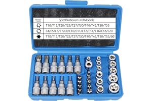 BOTEWO 34 Pezzi Set di Bussola Torx Maschio Femmina: E4-E20 T10-T60 Con Bit Set T10-T55 e Adattatore da 3/8"