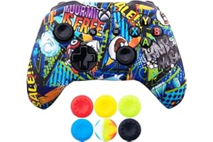 9CDeer 1 x Protective Film Transfer Printing Silicone Case + 6 Thumb Grips & Dustproof Plugs for Xbox One/S/X Controller Graffito Blue