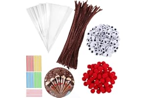 WORIC Brown Pipe Cleaners Reindeer Kit, 100 Pipecleaners 100 Sweet Cones Bags with Ties 100 Red Pom Poms 200 Googly Eyes Self Adhesive Christmas Craft Supplies