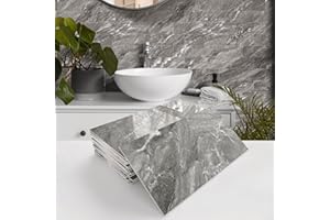 INDABYO 16pcs Marble Effect Self Adhesive Stick on Tiles, Vinyl Wall Peel and Stick Tile for Kitchen Bathroom, Individual Waterproof Backsplash Sticky Tile Decals Covers (Grey, 4x8 inches)