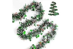 G2PLUS 10M Weihnachtsbaum Girlande Glitzer: 9cm Weihnachtsgirlande Lametta mit Beere Stechpalmenblatt, Grün und Rot Weihnachten Deko Girlande für Weihnachten, Weihnachtsbaum Dekorieren