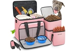 Abrimelodi 6-teiliges Hunde-Reisetasche, großes Haustier-Reise-Set für Zubehör, enthält 2 Futterbehälter, 1 Reise-Organizer für Hunde, 2 faltbare Näpfe, 1 Leckerlibeutel, rosa Geschenk für Frauen