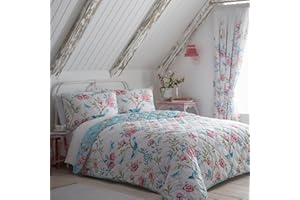 Dreams & Drapes - Garden Flower, Butterfly & Bird Bedspread (230cm X 200cm) - Soft Touch - Reversible Design (2 Colours) - Floral Quilted Bedspreads in Blue & Pink - Pink & Blue Vintage Flower Bedding