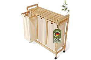 AMBIAVO® Wäschekorb 3 Fächer mit Rollen [beige, 100% Baumwolle, Bambus, 90 l Volumen] | Wäschesammler für Schmutzwäsche| Wäsche Sortiersystem | Wäschesortierer Holz | Wäschebox | laundry baskets